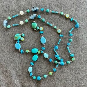Southwestern Beaded Tie On Turquoise Necklace 48” Long